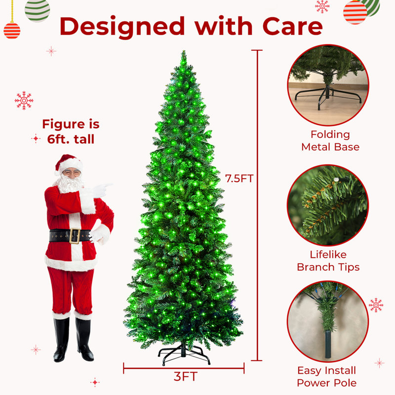 7.5FT Smart Pre-lit Green Pencil Christmas Tree with Programmable RGB Fairy Lights Multi-color Changing DIY App-controlled