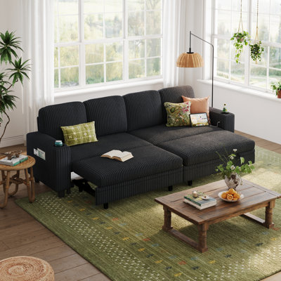 Sherry 112''  Upholstered Modular Pull-out Sofa Bed With USB Charging & Cup Holders