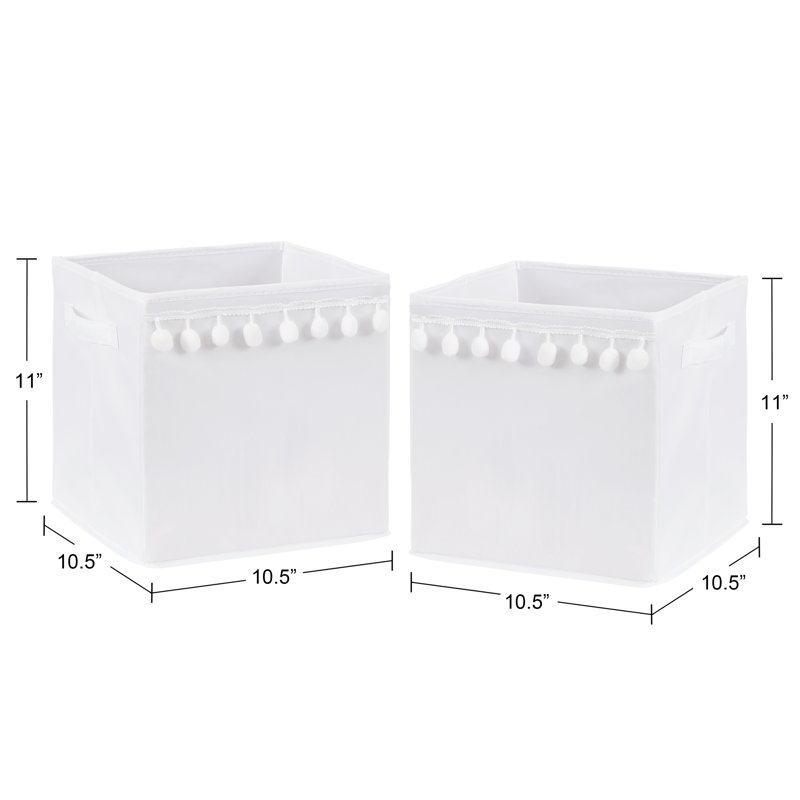White Fabric Foldable Storage Bins with Pom Pom Trim, Set of 2