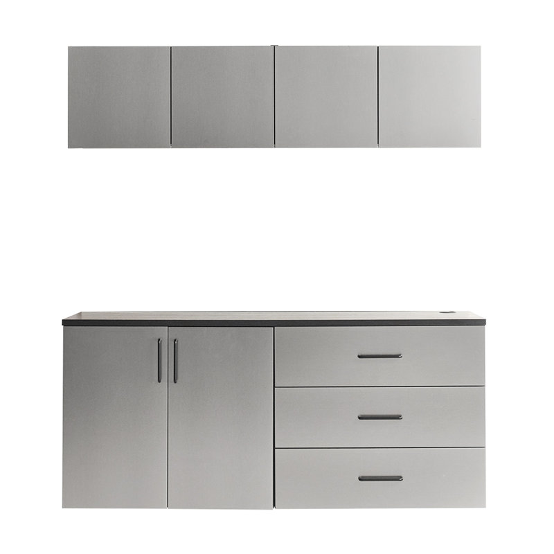 Garage Cabinet C  5  Of Series 64 In. W X 79 H 20 D With Special Metallic Gray Finish, Drawers And Doors, Water Heat Quality, 2X Thicker Edge Banding, E0-Grade Board, Shelf Mechanism, Heavy-Duty