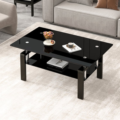Table basse en verre trempé noir, table à thé à 2 niveaux pour le salon | Idée de cadeau