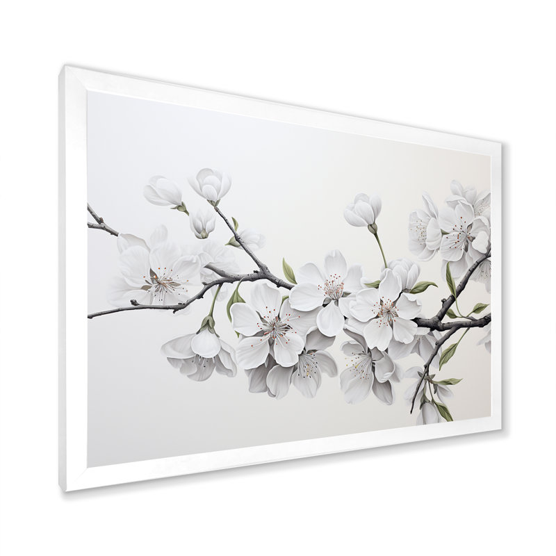 Minimalism White And Grey Cherry Blossom II - Cherry Blossom Canvas Art Print, 34" H x 44" W x 1.5" D, White Framed