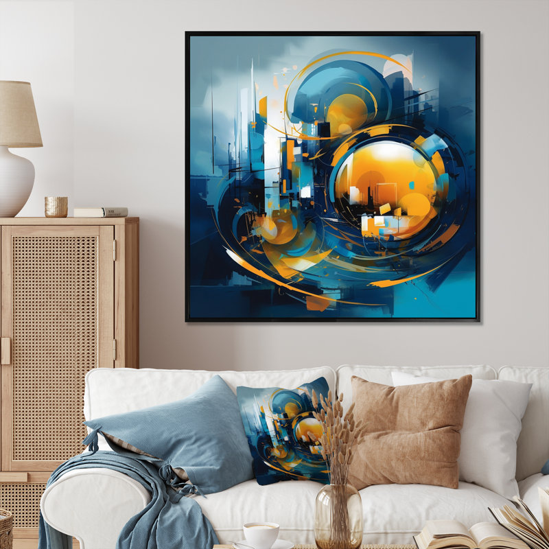 Nikit, pierre fluide bleue et jaune I sur toile, H 24 po x l 24 po x P 1 po, Cadre flottant noir