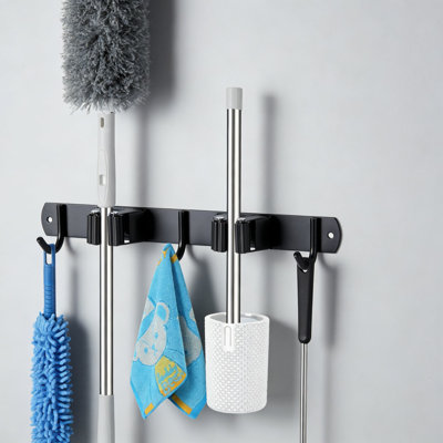 Broom Mop Holder Wall Mount - 2 Racks 3 Hooks - Stainless Steel - Adhesive/Screws Install