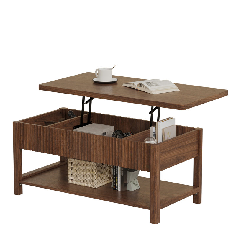 39" Lift Top Coffee Table, 2-Tier Fluted Center Table With Hidden Storage Space And Open Shelf, Modern Rectangle Wood Tea Table Suitable For Living Room, Home Office