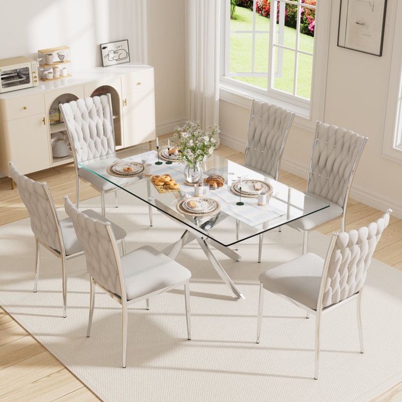 63" Rectangular Tempered Glass Table set, 7, Light Gray/Silver