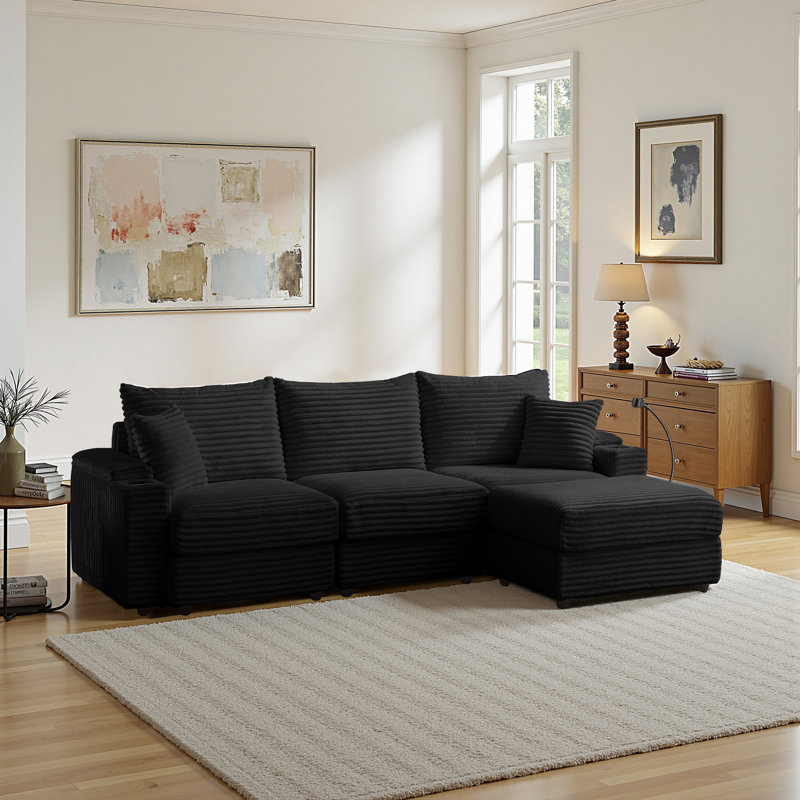 Canapé modulaire 4 pièces avec repose-pieds, canapé-lit modulaire rembourré en velours côtelé confortable avec porte-gobelets et port USB, support pour téléphone, rangement pour accoudoirs, siège profond surdimensionné
