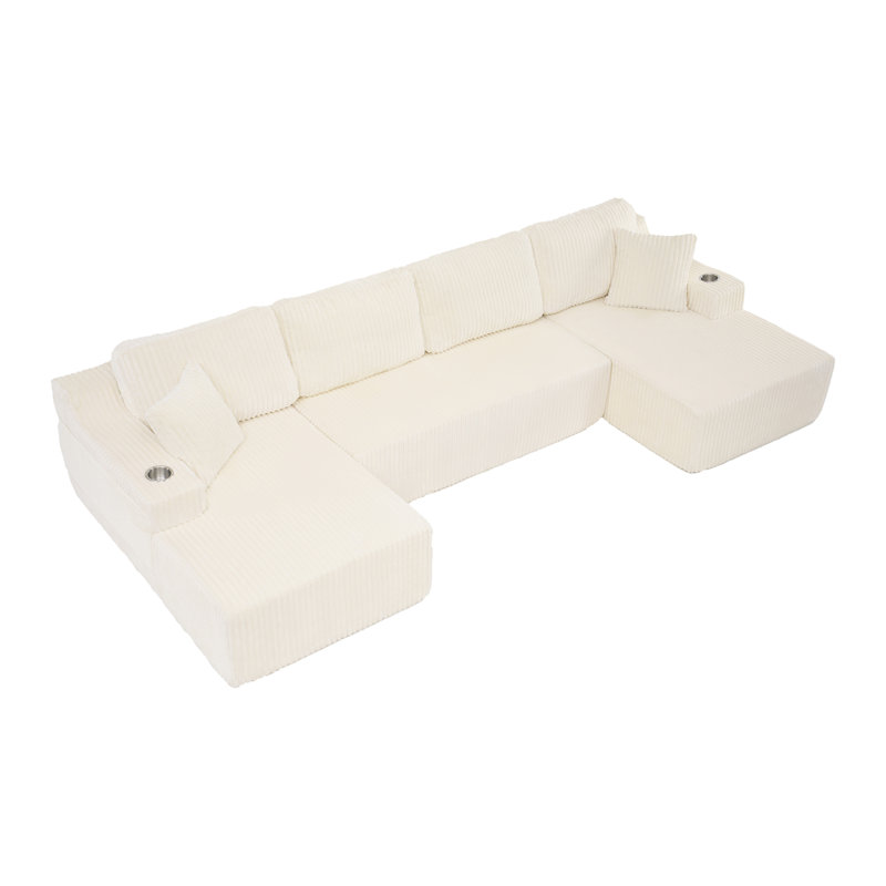 Canapé modulaire en forme de U modulaire, grand canapé en velours côtelé avec ressorts ensachés et mousse haute densité, ensemble de bricolage convertible 4 pièces avec porte-gobelets en métal, poches de rangement et dossier antidérapant - beige