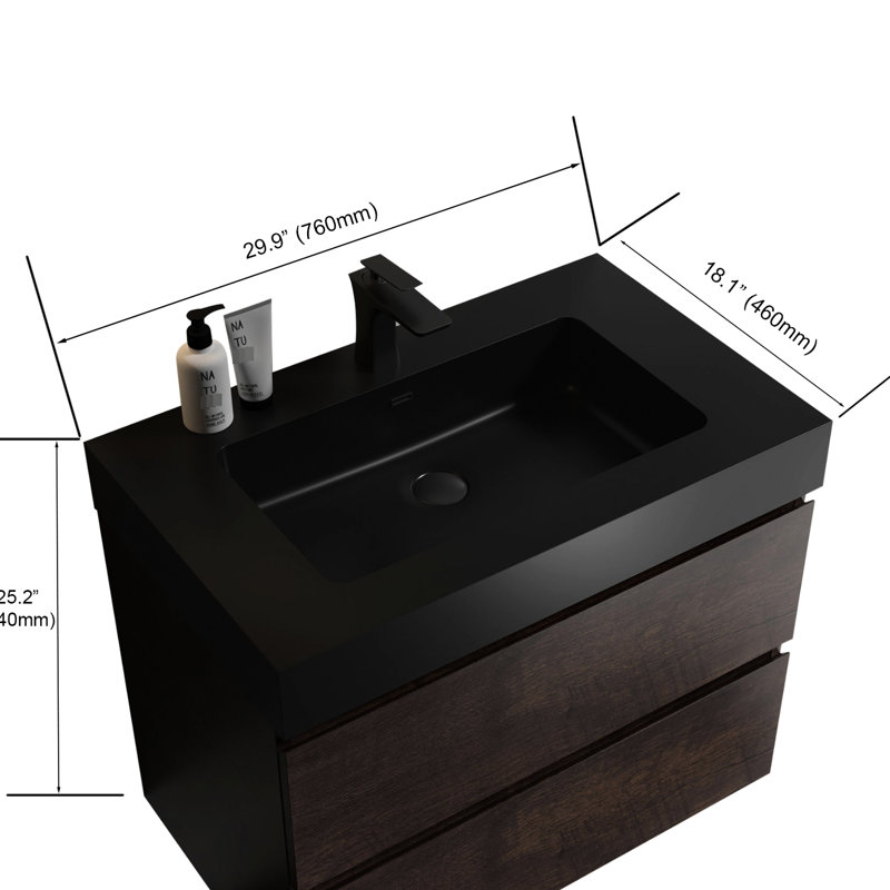 Bassin intégré en quartz noir mat avec option de trop-plein moderne pour salle de bain