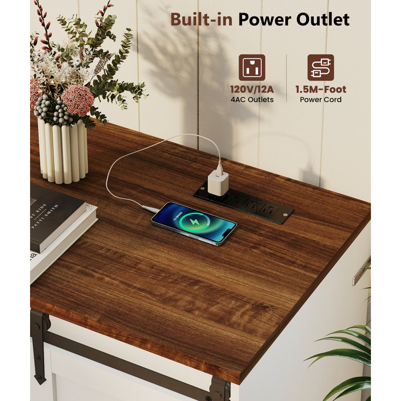 Farmhouse Coffee Bar Cabinet with Power Outlet & Fridge Space, Mini Fridge Cabinet with Barn Doors for Living Room