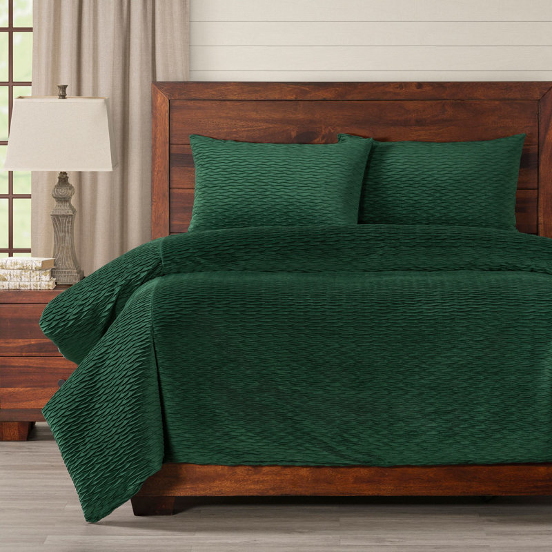 Pleated Velvet Emerald Green Duvet Cover Set, California King Duvet Cover + 2 King Shams