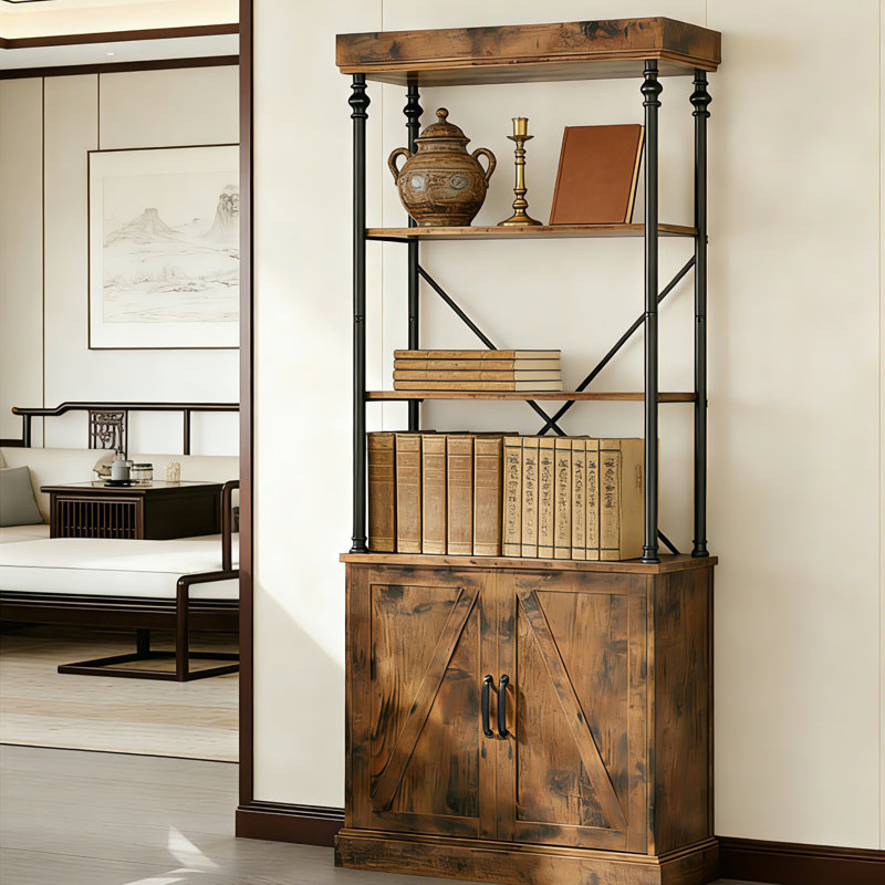 Vintage Roman Column Bookcase with Doors – 4-Tier Tall Bookshelf with Cabinet, Natural Wood Grain Storage for Living Room, Home Office, Study, Farmhouse Decor