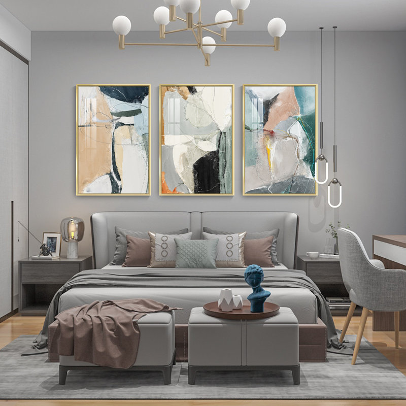 Abstract Aluminum Framed Wall Art - 3 Piece Floater Frame Print on Canvas, 24.3" H x 48.3" W x1.65" D, Gold