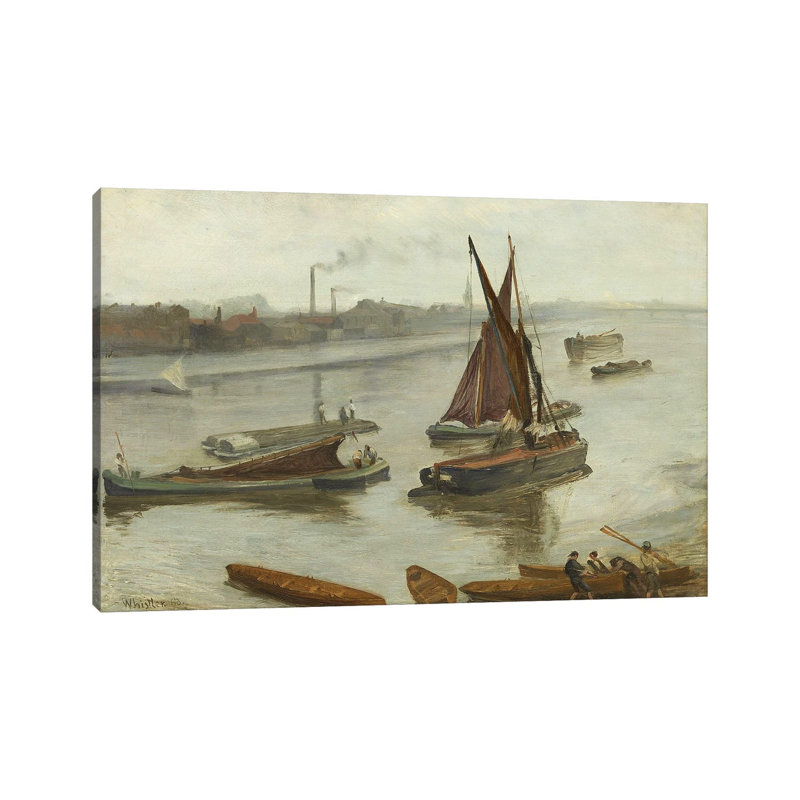 Gris et argent Old Battersea Reach - reproduction d'art murale - toile tendue, 32 po x 48 po, Toile tendue avec châssis