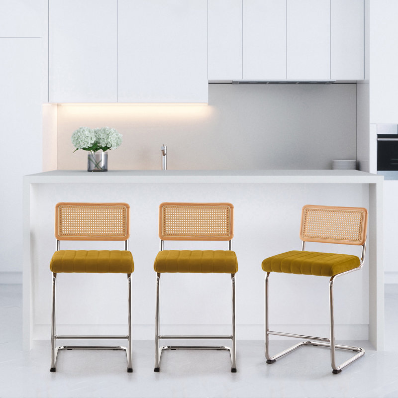 Tabouret rembourré en velours Krickelin, Argent, Jaune, Tabouret de comptoir (siège d'une hauteur de 26 p