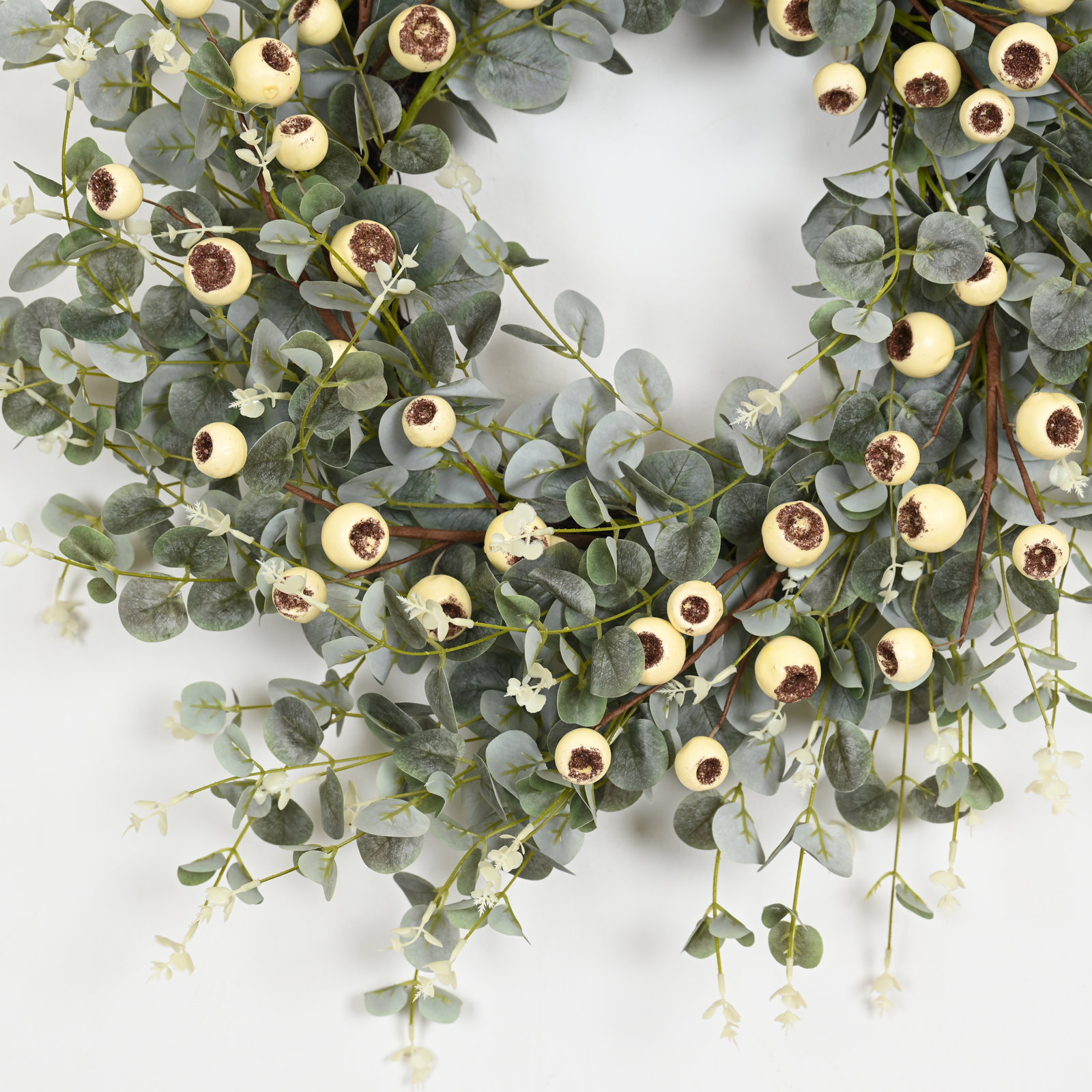 26" Artificial Farmhouse Spring Summer Blossom Cluster Greenery Eucalyptus Berry Front Door Wreath, Green/Cream