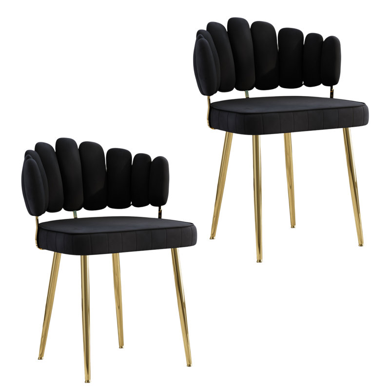 Ensemble de chaises de salle à manger élégantes en velours capitonné et dossier tressé avec pieds en métal, 2, Noir