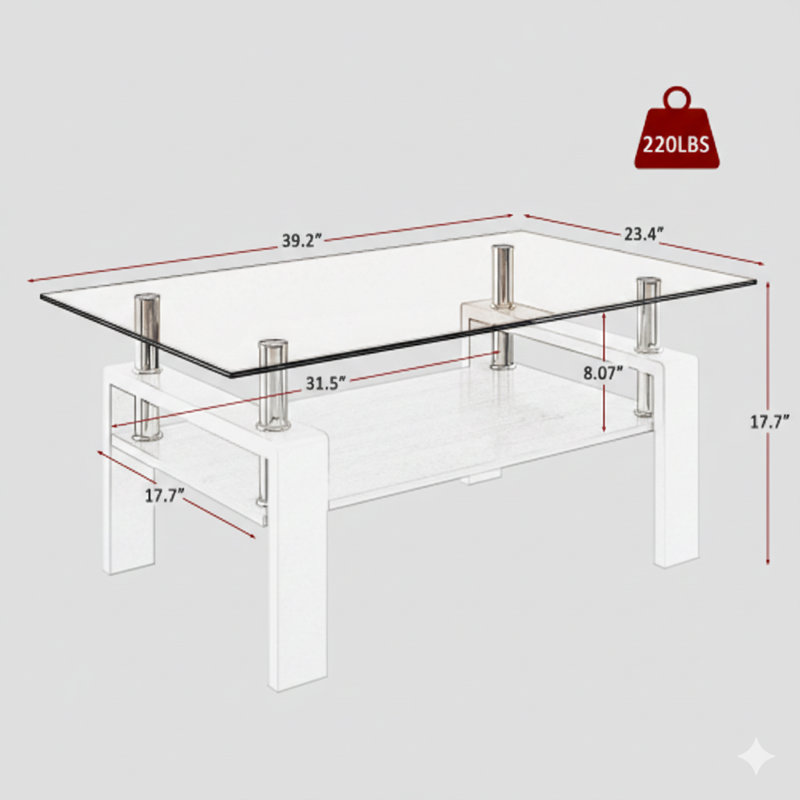 Table basse rectangulaire avec une surface en verre trempé sur une couche de panneau de fibres à densité moyenne, design moderne pour les salons, finition en verre brun