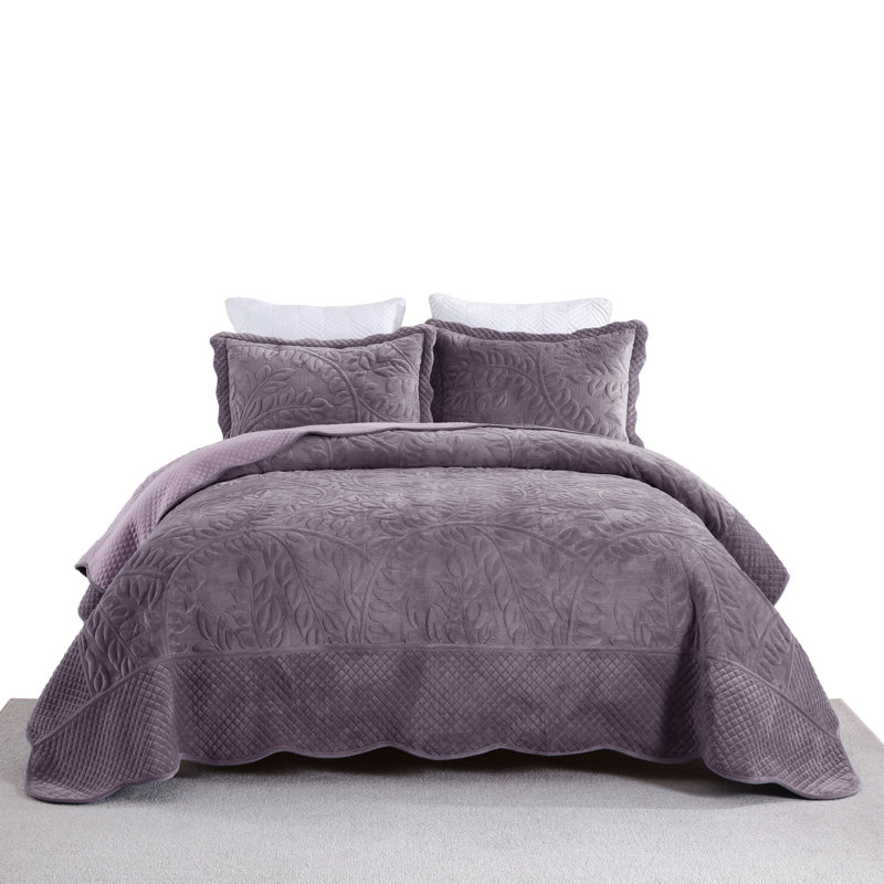 Ensemble de courtepointe surdimensionnée en velours brodé avec 2 taies décoratives Marcielo, Mauve