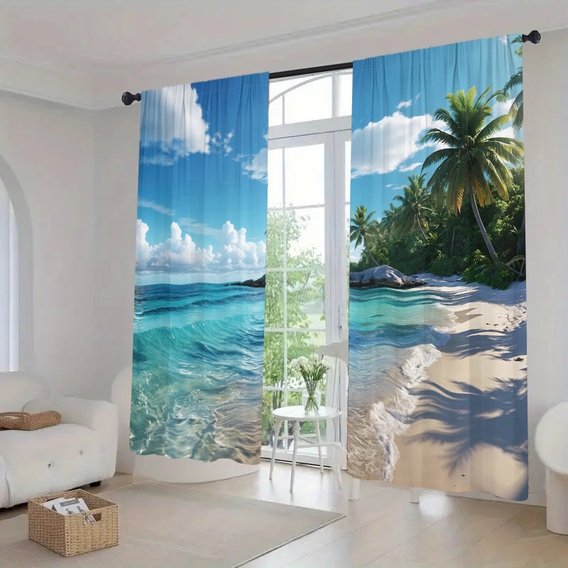 2Pcs Tropical Beach Paradise Curtains Ocean Wave Palm Tree Landscape Digital Print Window Drapes Coastal Themed Rod Pocket Curtain for Living Room Bedroom Dining Kitchen Home Decor