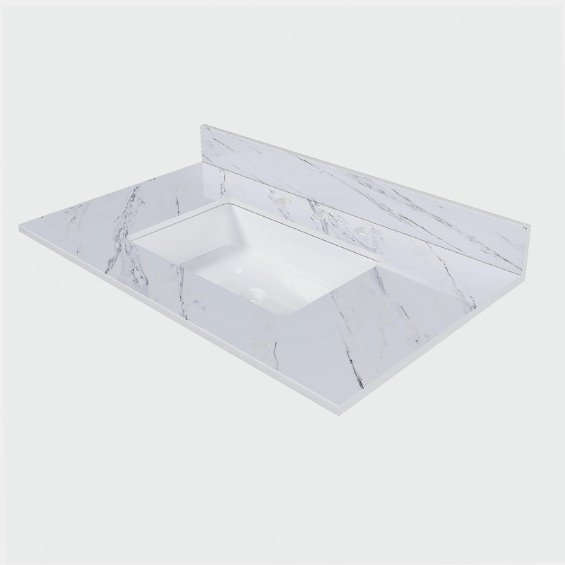 Comptoir de meuble-lavabo en marbre de 37 po, comptoir blanc avec 3 trous de robinet pré-percés, comptoir de salle de bain avec lavabo central rectangulaire encastré et dosseret de 4 po de hauteur, Bianco Carrara Venato
