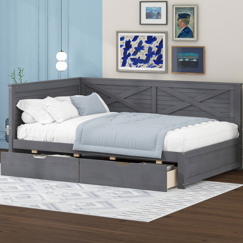 Lit de jour simple avec 2 tiroirs et fabrication ancienne en bois rustique gris