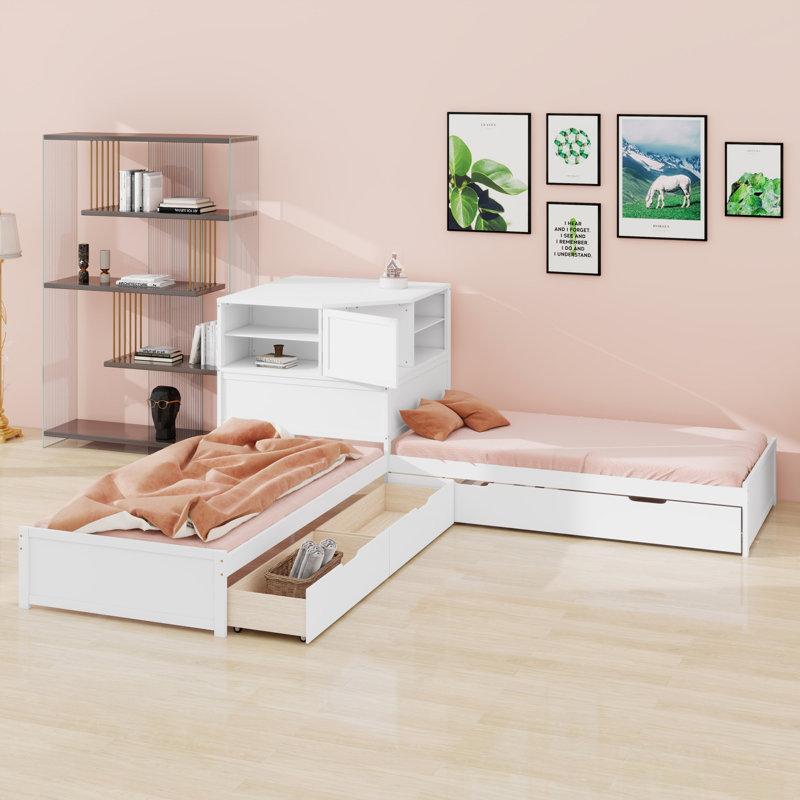 Lit en L avec tiroir de rangement, lit gigogne, bureau et éclairage à DEL pour les petites pièces, Blanc