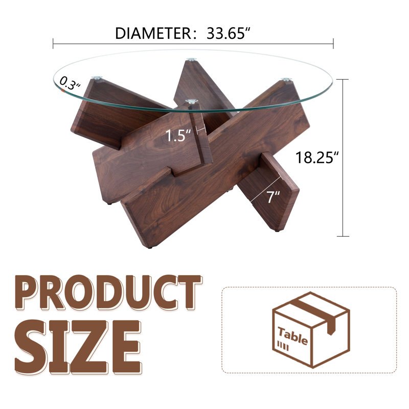 Round Coffee Tables with Tempered Glass Top Center Table, Walnut