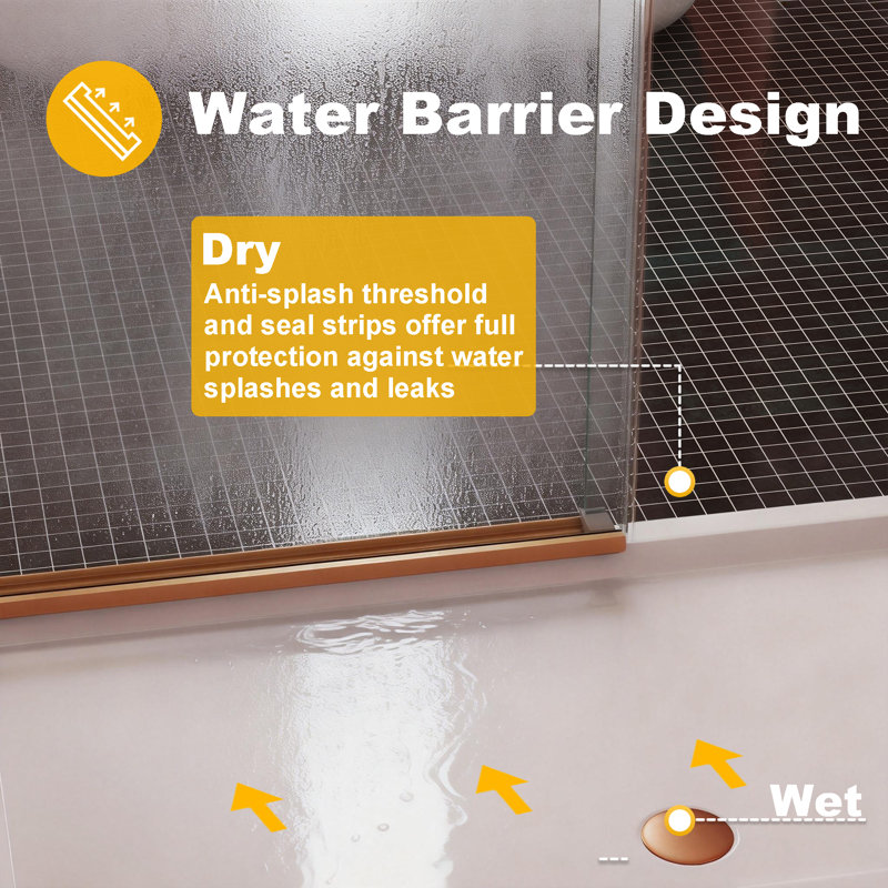 56"-60" W x 76" H Frameless Single Sliding Shower Door, 1/4" Tempered Glass, Adjustable Fit, Brushed Gold
