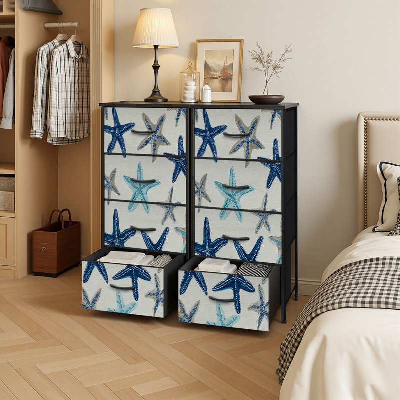 4 Drawer Vertical Storage Dresser Coastal nautical starfish repeat Navy blue turquoise white with Wood Top Fabric Pull Drawers