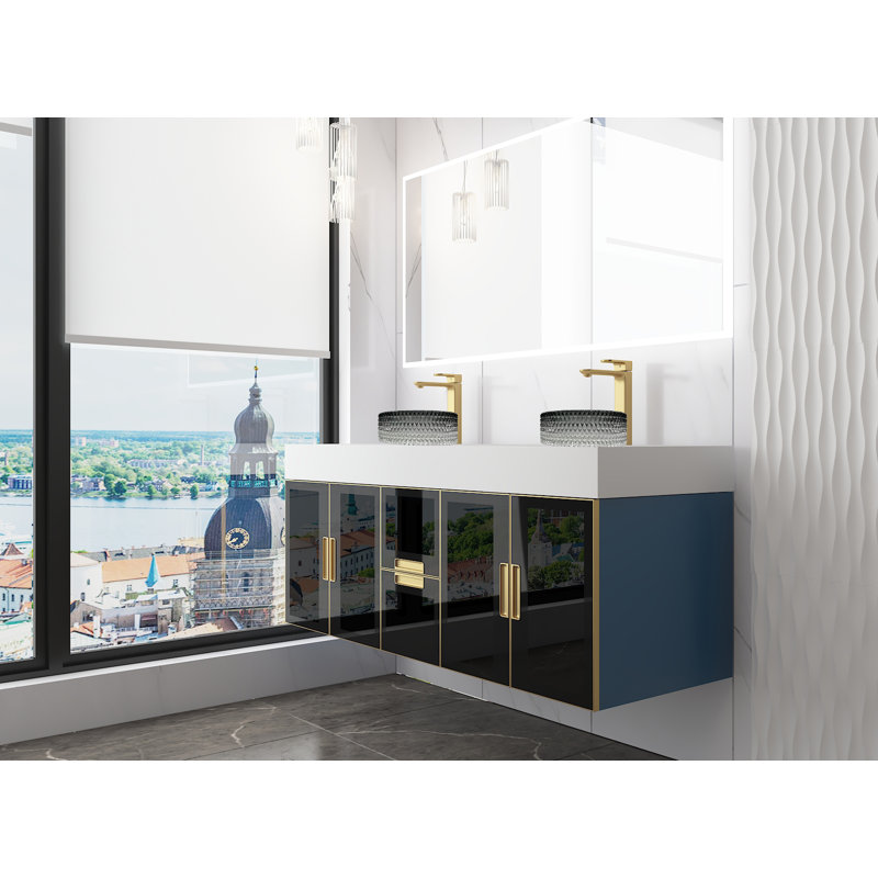 Modern Luxury Wall-mounted Vanity With 60" Solid Surface Top And Round With Rim Glass Vessel Sink, Clear/Gold Rim