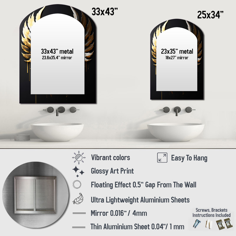 Black Silver And Gold Angel Wings II - Wings Angel Asymmetrical Unique Wall Mirror, Modern Unique Shape Mirror, Printed Metal Art