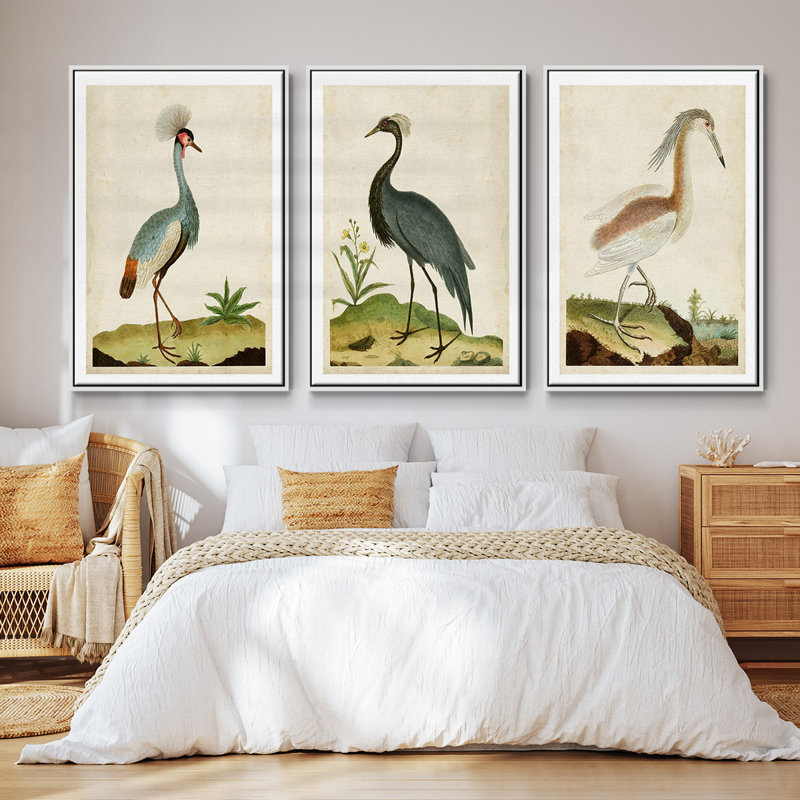 Heron Portrait I, ensemble de 3 toiles encadrées, H 40 po x l 78 po, Cadre blanc