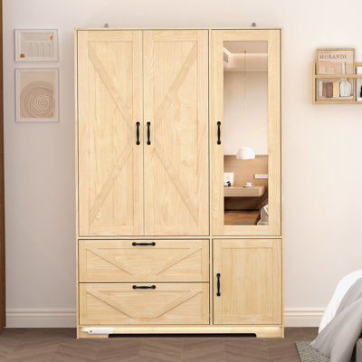 Garde-robe avec miroir, garde-robe à DEL avec portes et 2 tiroirs, armoire de rangement en bois avec tringle, tablettes réglables