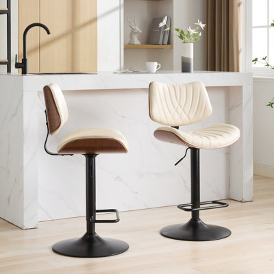 Walnut Bar Chairs, 360 Swivel Function, Adjustable Height, Beige Leather Upholstery, Of 2 For Cafe/Kitchen/Dining Room Mid Century Modern Stools, & Pu Leather, Rotation, Spacious Seat, Beige, 2