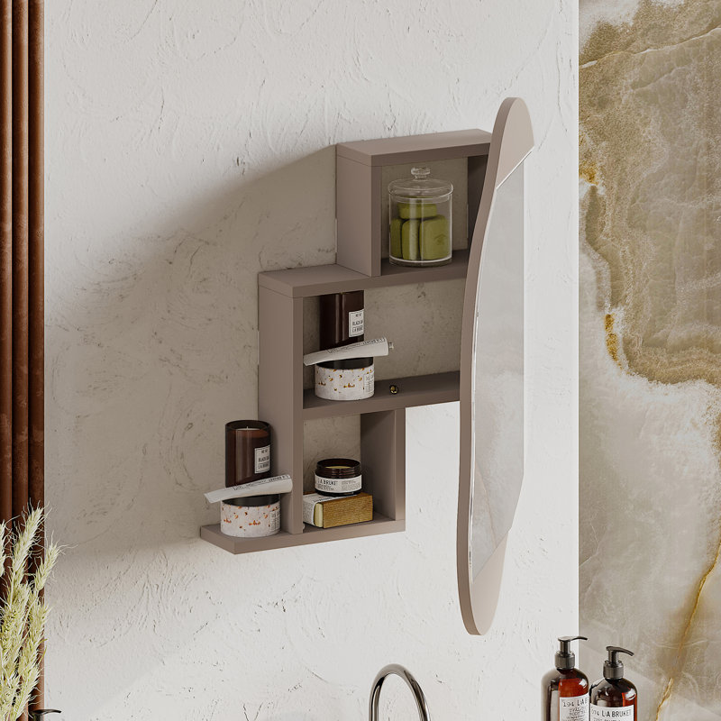 Burko Wavy Wall Mirror with Hidden Storage Shelves, Light Mocha