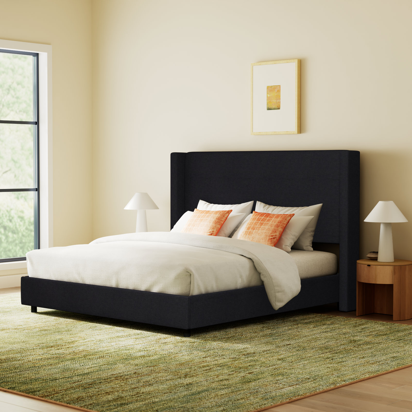 Hanson Upholstered Wingback Bed, King, Classic Black Linen