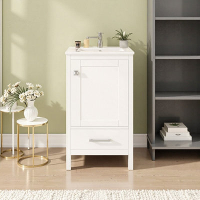 Meuble-lavabo moderne de 20 pouces avec lavabo en céramique, tiroir et porte à fermeture en douceur, supports de rangement doubles et tiroir séparateur