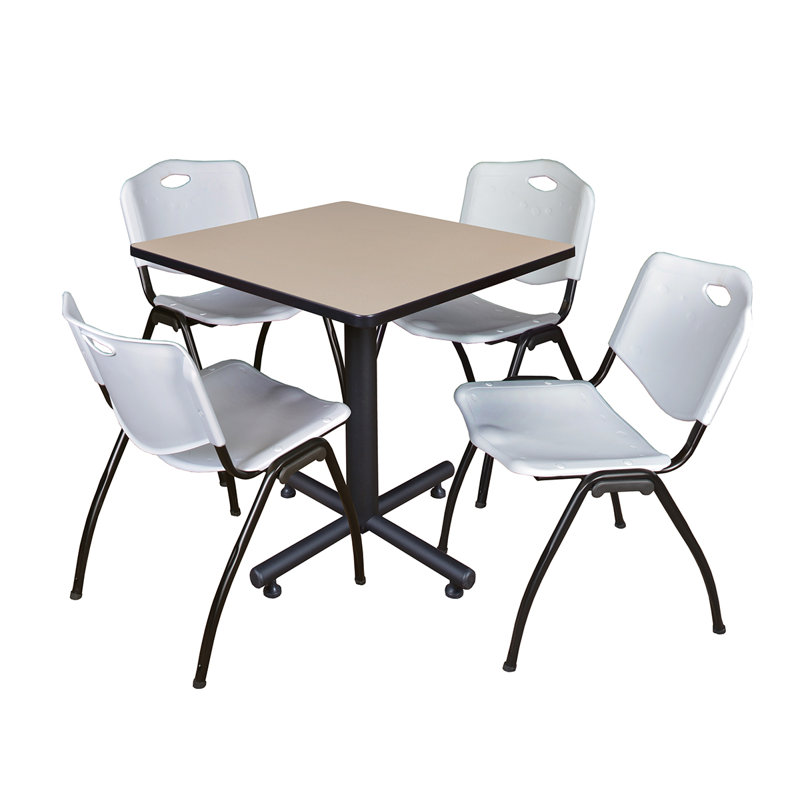Table de salle de repos carrée Nicklo, chaises empilables 4 M, Cerisier, gris
