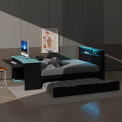 Wood Daybed Equipped with a Pull-out Bed, a Desk, LED Lighting, and a USB Port