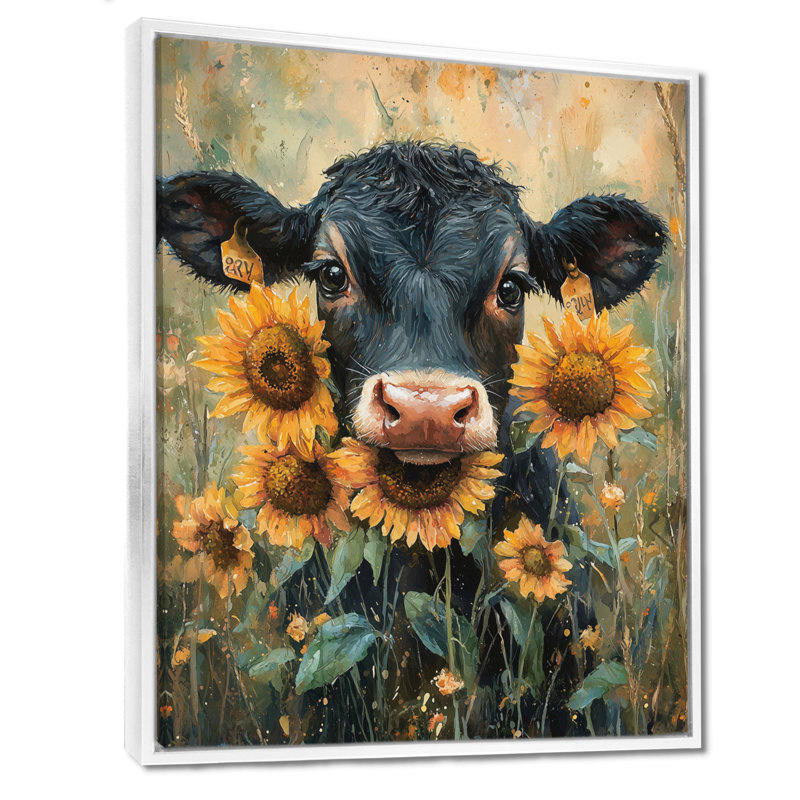 «Donzel Cow», peinture avec pivoines IV - vache, art mural, H 32 po x l 24 po, Reproduction avec cadre flottant, Blanc