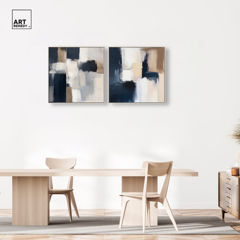 «Blue Mood and Abstraction Duo», ensemble de décorations sur toile encadrées par Art Remedy, cadre argenté, 30 x 30