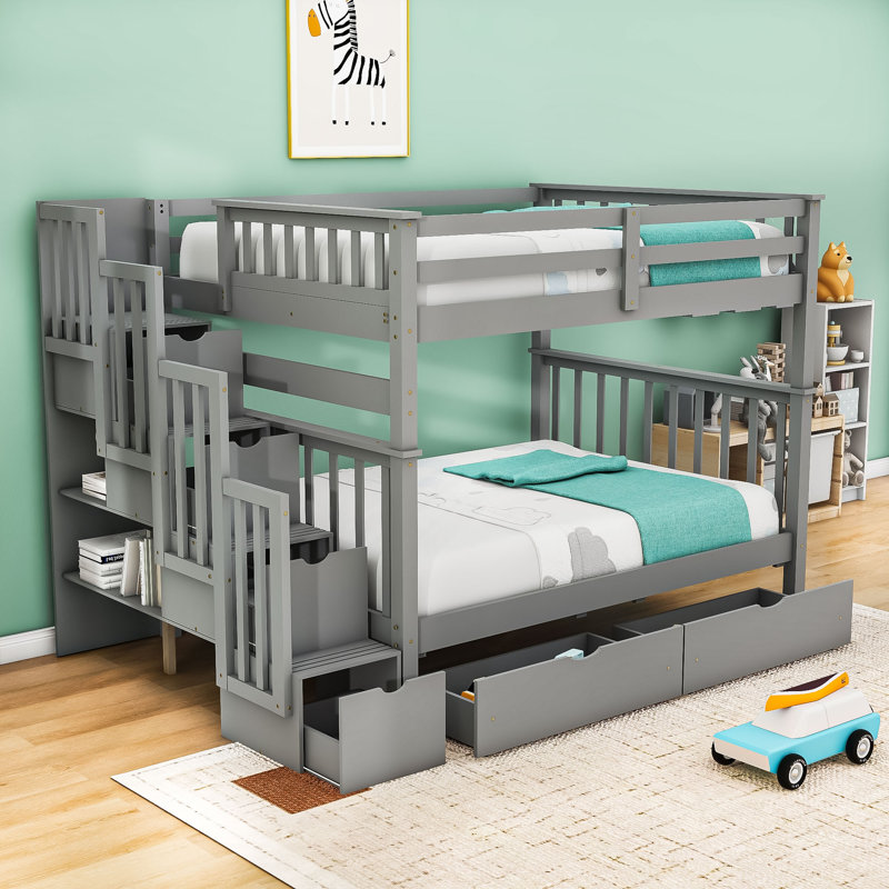 Elveta Kids Full Over Full Bunk Bed with Drawers, Gray