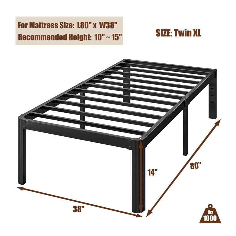 Cadre de lit plateforme en métal Jalyna de 35,5 cm (14 po) avec coins arrondis, sans sommier, silencieux, format Twin XL, 14"