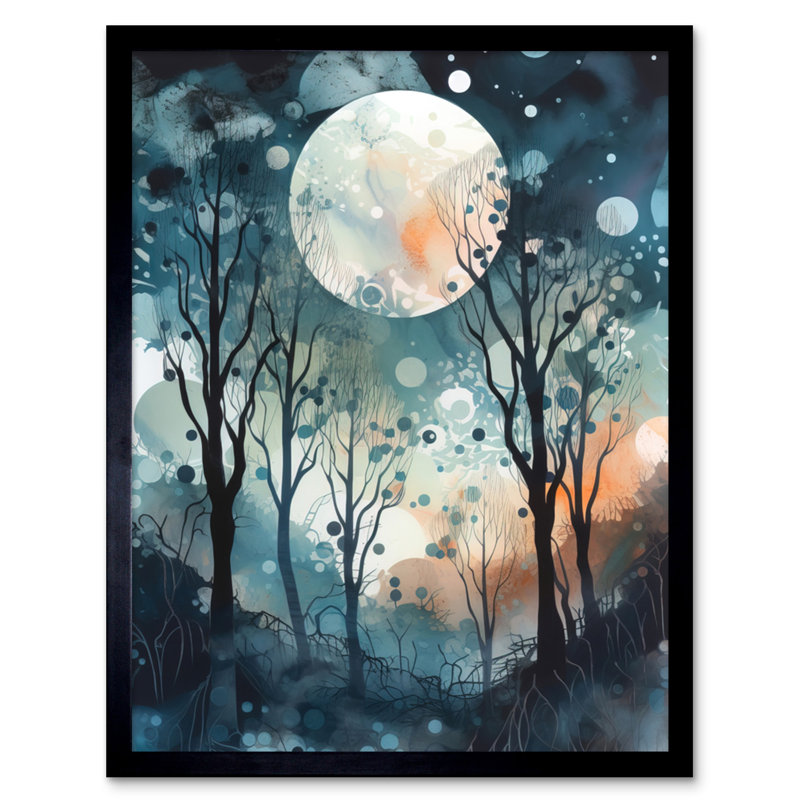 Full Moon Winter Forest Landscape Snowfall Over Trees At Night - Single Picture Frame Print