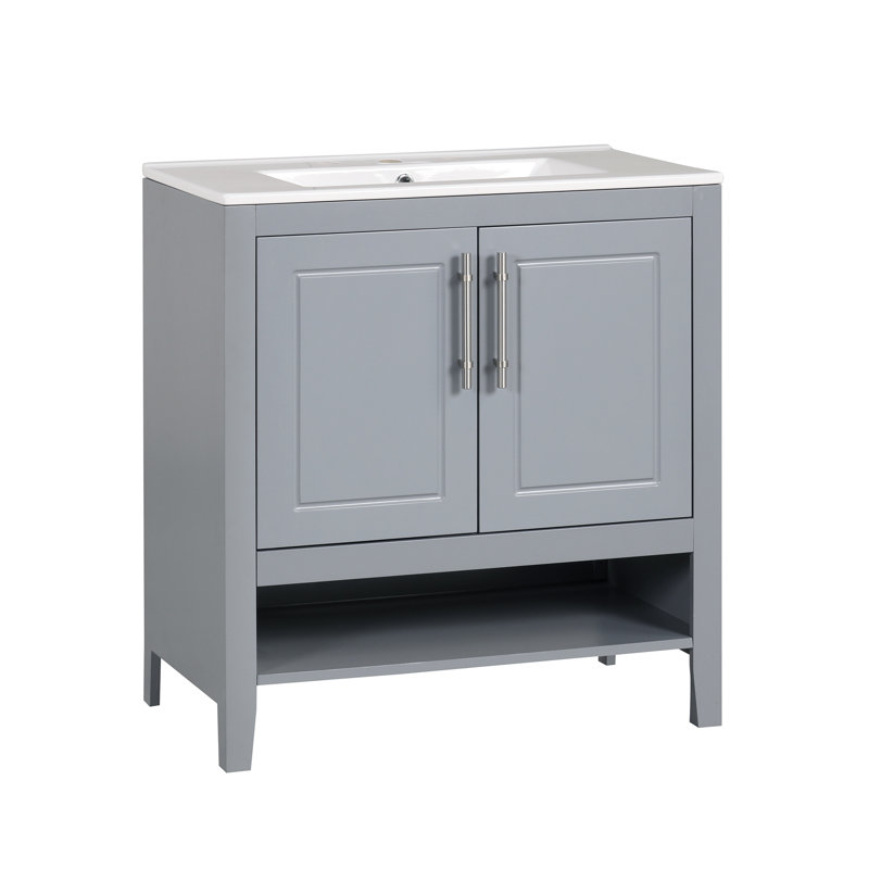 Meuble-lavabo 30 po avec lavabo, armoire de salle de bain multifonctionnelle avec portes et tiroirs, structure solide et panneau de fibres à densité moyenne