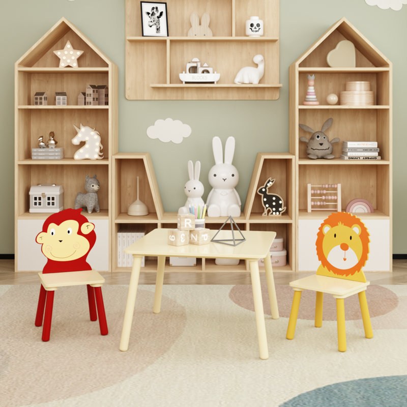 Ensemble de table pour enfants et 2 chaises, ensemble 3 pièces de table et de tout-petits pour enfants, ensemble de table de jeu en bois (lion et singe)