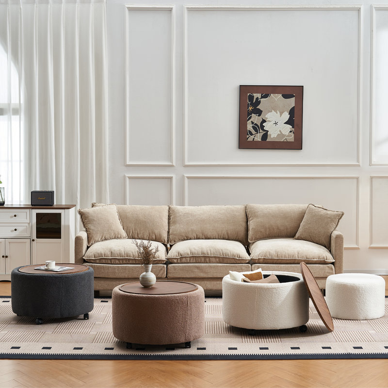 Repose-pieds 3 en 1 rembourré avec rangement, tabouret en velours Teddy, table basse avec plateau en bois et roulettes verrouillables pour le salon