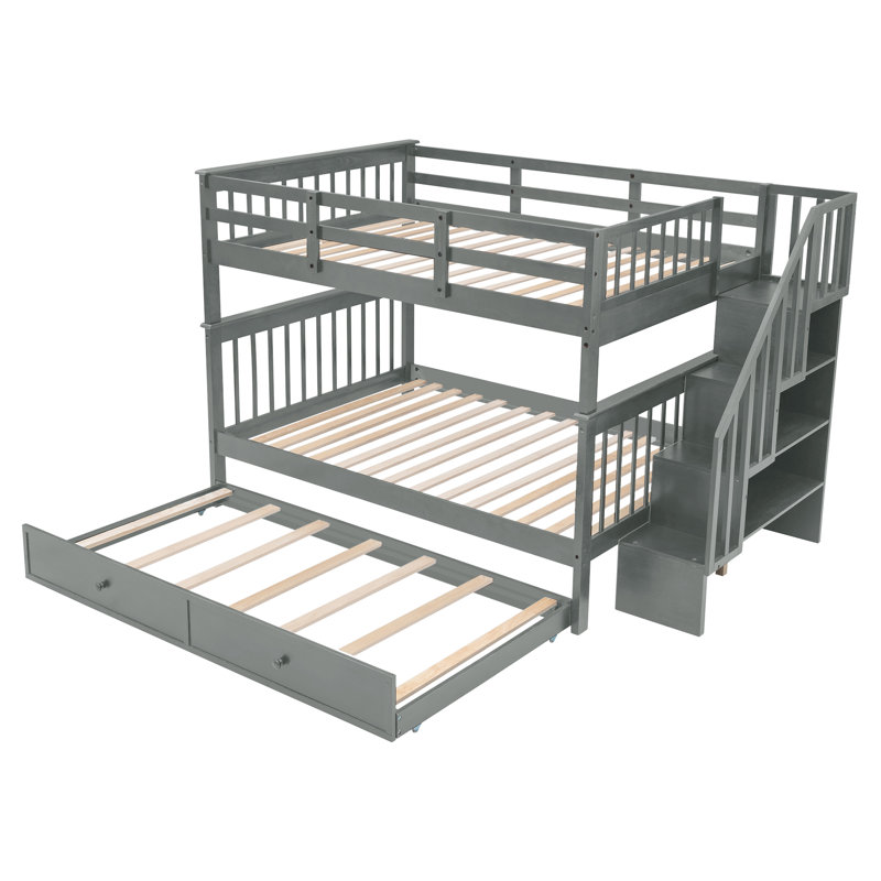 Lit superposé double avec lit gigogne, rangement et barrière de sécurité pour chambre à coucher, dortoir - gris, Gris