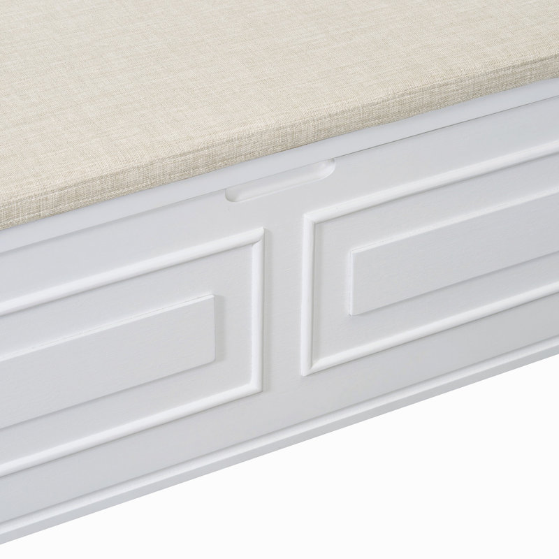 Banc de rangement rustique en bois massif avec charnière de sécurité et coussin beige, Blanc